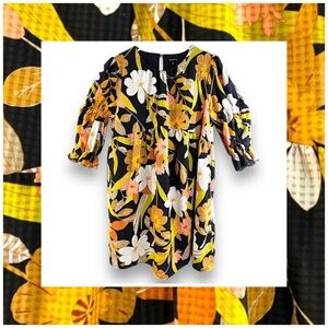 WHO WHAT WHERE coral ivory floral on black & puff sleeves empire waist pockets M